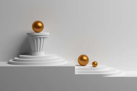 Wall mockup. Architectural composition with white pedestals, podiums, pillars and three golden spheres. Image with copy blank space. 3d illustration.の写真素材