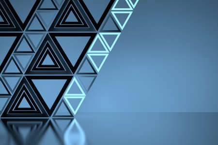 Abstract sci-fi techno composition with black and glowing blue triangles over mirror floor and copy...