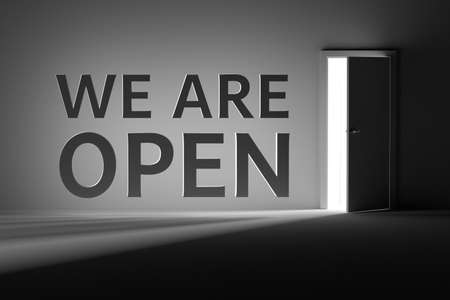 Large bold words We Are Open flying in a dark room with opened doors and shining light. 3d...