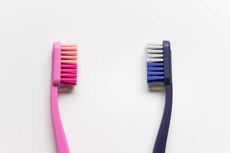 Two toothbrushes pink and blue on white background. Photo with copy blank space.