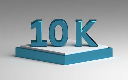 Social media concept likes blue shiny number 10K or 10000 standing on blue white pedestal. 3d...