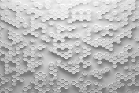 Pattern with small scaled hexagons with hexagonal borders in gray white color. 3d illustration.