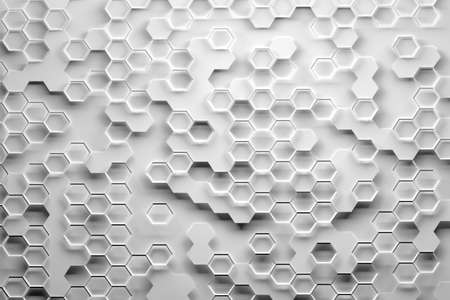 Pattern with hexagon random shapes and grid wireframe on top in gray white color. 3d illustration.