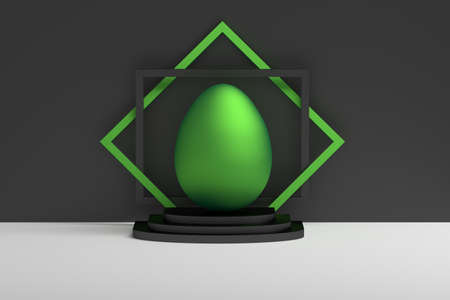 Easter concept illustration with large green shiny egg standing on pedestal with decorative frames. 3d illustration.の写真素材