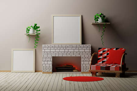 Country house room interior with empty blank frame mockup, fireplace with wooden logs, chair and plants. 3d illustration.の写真素材
