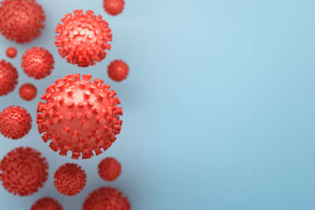 Abstract medical scientific background with large spiky virion virus particles on blue background. Image with copy blank space. 3d illustration.の写真素材