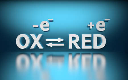 Concept illustration with equation of oz red chemical reaction. Electron transfer simplified scheme...