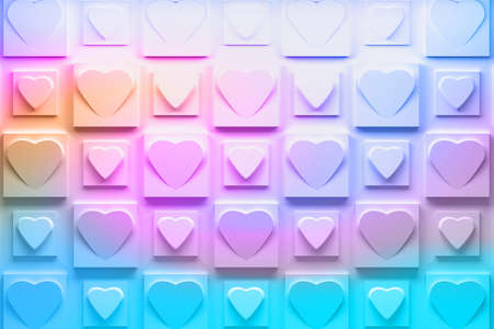 Colorful vibrant pink and blue Valentine day love passion pattern with hearts and boxes. 3d...