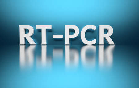 Large bold white text RT-PCR abbreviation of Reverse transcription polymerase chain reaction on blue...