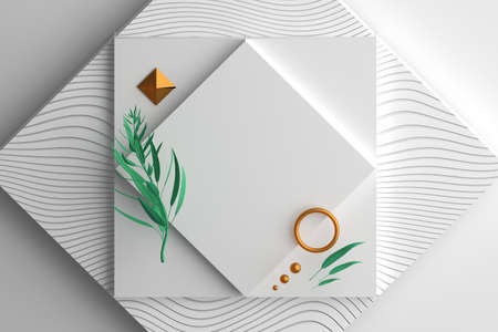 Square invitation composition with delicate green foliage decorative branch and gold geometric shapes. 3d illustration.の写真素材