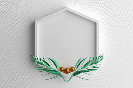 Hexagonal presentation invitation mockup with empty blank space. Hexagon with golden balls and green...