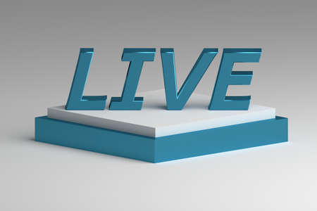 Large word LIVE in blue shiny metallic letters on pedestal. 3d illustration.の写真素材