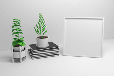 Square frame mockup with empty copy blank space and pile of notebooks with potted plants on white...