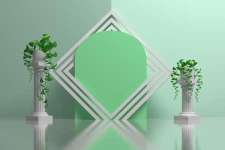 Abstract composition with green panel, rotated square frames, greek columns and potted plants. 3d...