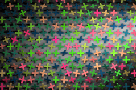 Pattern with colorful randomly arranged plus sign or crosses on dark background. 3d illustration.