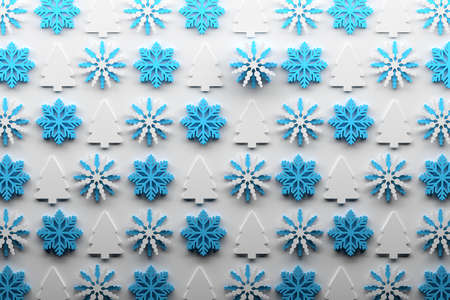 Christmas pattern background with repeating snowflakes and Christmas trees in blue white colors. 3d illustration.の写真素材