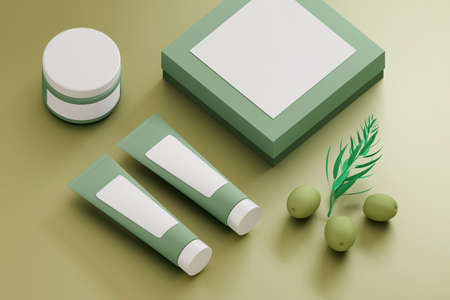 Set collection of cosmetic packaging items - tubes, jar, box and olives with branch. 3d illustration.の写真素材