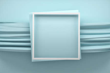 Mockup with square white frame over blue fabric fabric. 3d illustration.