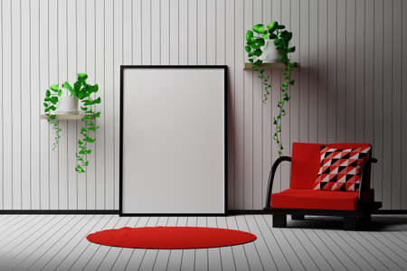 Frame mockup in room interior with sitting chair and red fabric pillow and potted plants. 3d illustration.の写真素材