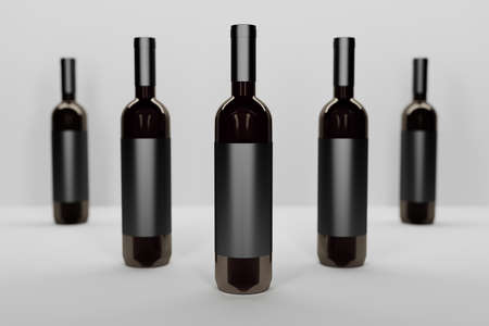 Mockup template with a row of five dark glass vine bottles on white background. 3d illustration.の写真素材