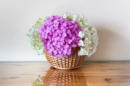 Bouquet made of fluffy pink hydrangea flowers in wicker basket on wooden table covered with glossy glass.の写真素材