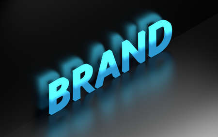 Single word BRAND written in bold glowing blue light on dark glossy background. 3d illustration.