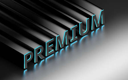 Isometric arrangement of word Premium with glowing blue words on black background. 3d illustration.