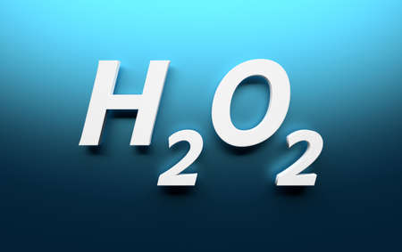 Chemical formula of hydrogen peroxide oxidizer written in white letters on blue background. 3d illustration.の写真素材