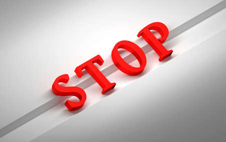 Large bold single red word STOP on white background. 3d illustration.