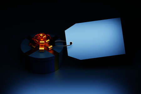 Gift present in round box with golden bow and large blank tag label on blue backgound. 3d illustration.の写真素材