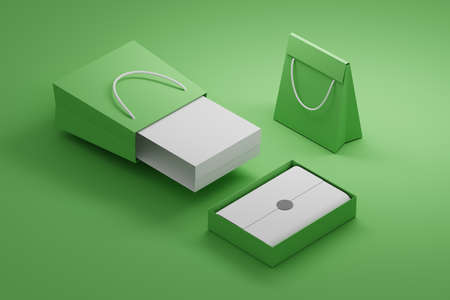 Composition with shopping paper bags and boxes on green backgrond with blank surfaces. 3d...