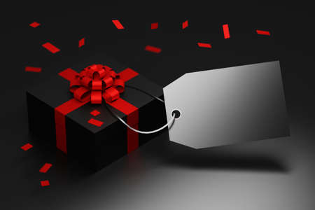 Sale, black friday composition with large tag label and large gift box with red bow and falling red...