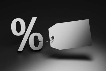 Shopping sale composition with large percent sign and large tag label on dark background. 3d illustration.の写真素材