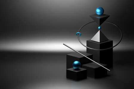 Simple balance composition with basic primitive shapes cubes spheres in black color. 3d...