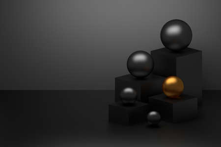 Abstract simple composition with cubes pedestals and black glossy spheres with golden one. Image with copy blank space. 3d illustration.の写真素材
