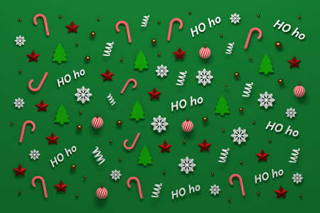 Christmas background with candy canes, snowflakes, baubles, Christmas trees on green background. 3d...