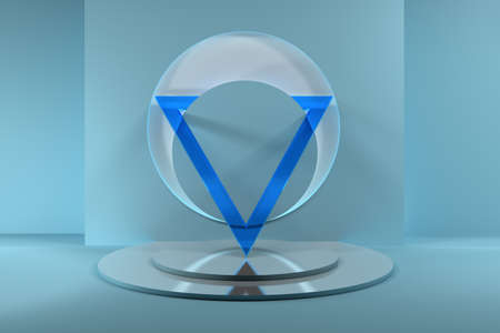 Abstract composition with large transparent blue glass triangle on mirror pedestal. 3d illustration.