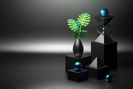Composition with cubes, spheres, pyramids and vase with monstera in black color. 3d illustration.