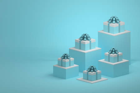 Stack arrangement of gift presents in blue color. Image with copy blank space. 3d illustration.