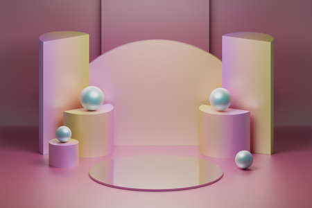 Composition with product presentation reflective mirror stage in soft pink colors. 3d illustration.
