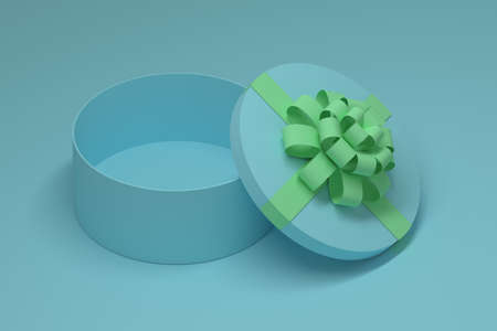Round opened blue box with green bow on blue background. 3d illustration.