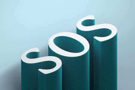 Large bold SOS word standing for save our souls of Morse code in blue color. 3d illustration.