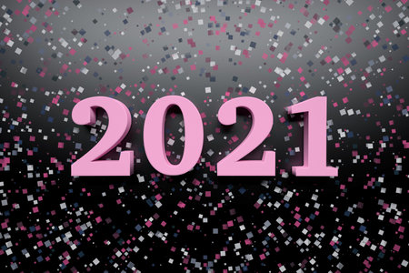 New year celebration greeting card with bold pink 2021 year numbers on dark background  with random...