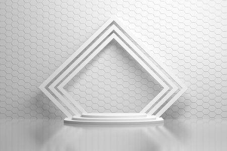 Interior of white room with hexagon wall pattern, pedestal and rotated square frames. 3d illustration.の写真素材