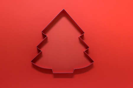 Template greeting card with red cardboard Christmas tree outline on red background.