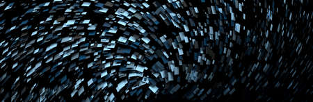Wide banner with futuristic composition with flying chaotic random particles in black blue color. 3d...