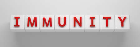 Wide banner with single word Immunity in bold red letters on large white cubes. 3d illustration.の写真素材