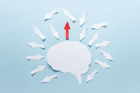 Chaotic random thinking concept made with paper brain outline and many random white and one red arrow on blue background.の写真素材