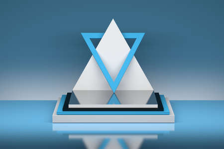 Abstract architectural composition with layered podium pedestal and triangular low poly shapes in...