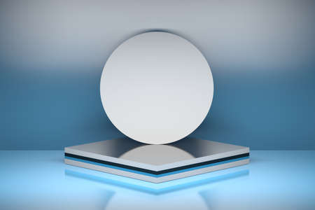 Multi layered pedestal with round circle on stacked squares over glossy surface on blue background. 3d illustration.の写真素材